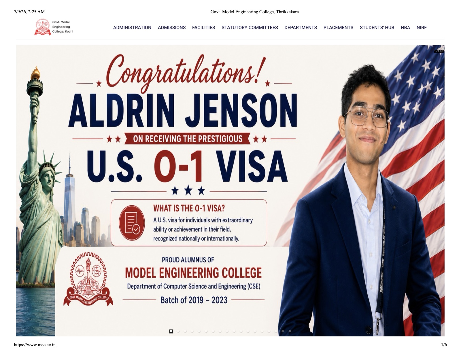 The mec.ac.in homepage with a congratulations banner for Aldrin Jenson's O-1 visa